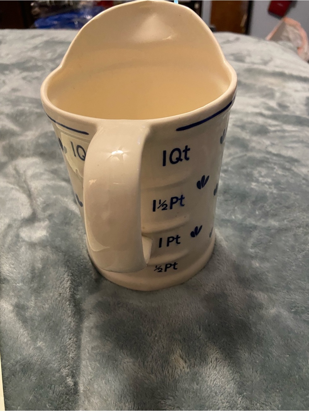 Cream Ceramic Measuring Pitcher with Blue Volume Markings